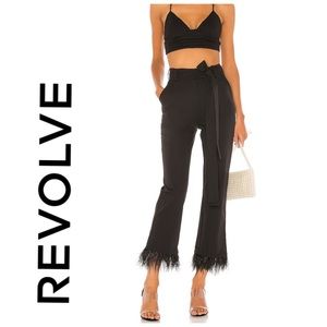 Revolve NBD Shane Trouser Belted Feather Trim Pants Black XS